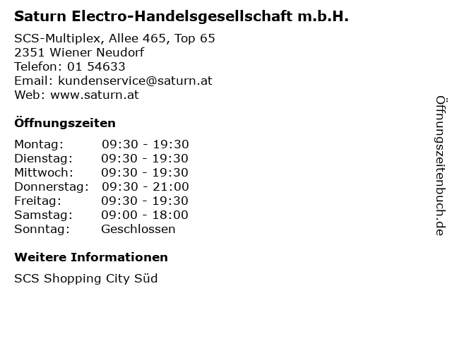 Saturn Electro-Handelsgesellschaft m.b.H. in Wiener Neudorf: Adresse und Öffnungszeiten
