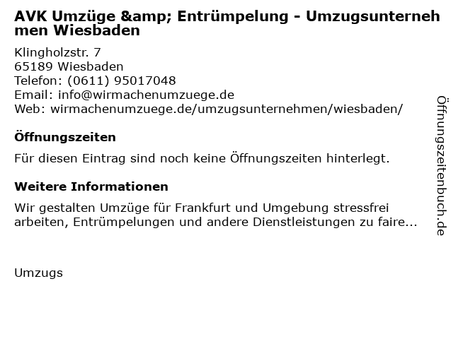 AVK Umzüge & Entrümpelung - Umzugsunternehmen Wiesbaden in Wiesbaden: Adresse und Öffnungszeiten