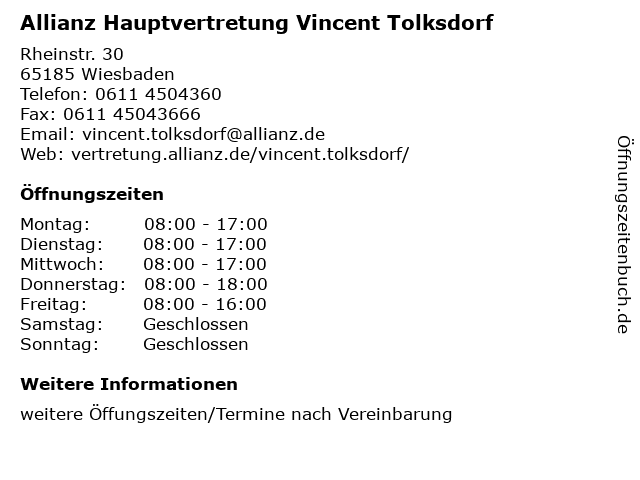 Allianz Hauptvertretung Vincent Tolksdorf in Wiesbaden: Adresse und Öffnungszeiten