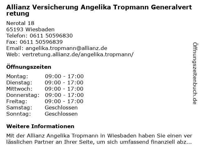 Allianz Versicherung Angelika Tropmann Generalvertretung in Wiesbaden: Adresse und Öffnungszeiten
