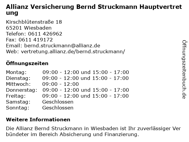 Allianz Versicherung Bernd Struckmann Hauptvertretung in Wiesbaden: Adresse und Öffnungszeiten