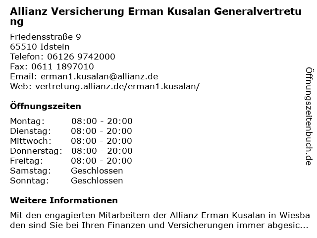 Allianz Versicherung Erman Kusalan Generalvertretung in Wiesbaden: Adresse und Öffnungszeiten
