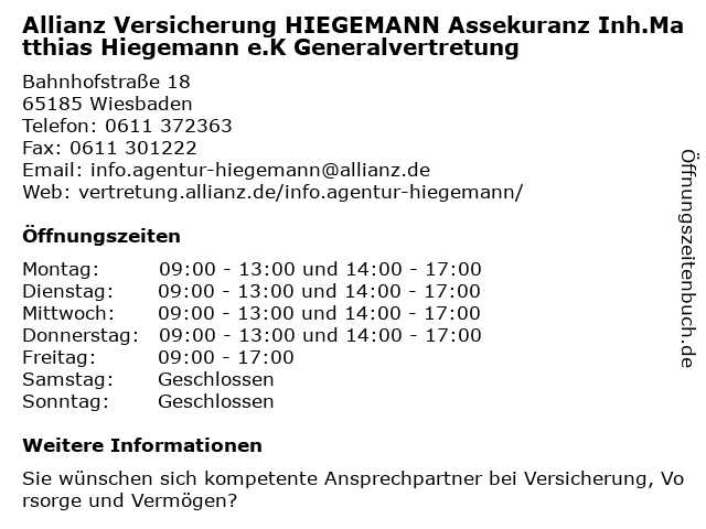 Allianz Versicherung HIEGEMANN Assekuranz Inh.Matthias Hiegemann e.K Generalvertretung in Wiesbaden: Adresse und Öffnungszeiten