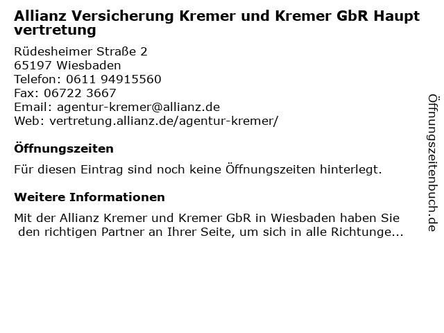 Allianz Versicherung Kremer und Kremer GbR Hauptvertretung in Wiesbaden: Adresse und Öffnungszeiten