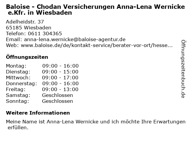Baloise - Chodan Versicherungen Anna-Lena Wernicke e.Kfr. in Wiesbaden in Wiesbaden: Adresse und Öffnungszeiten