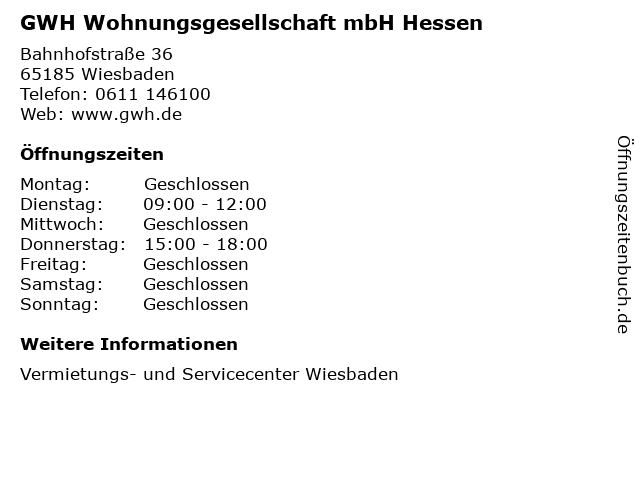 GWH Wohnungsgesellschaft mbH Hessen in Wiesbaden: Adresse und Öffnungszeiten