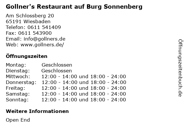Gollner's Restaurant auf Burg Sonnenberg in Wiesbaden: Adresse und Öffnungszeiten