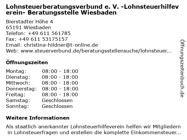 ᐅ Offnungszeiten Lohnsteuerberatungsverbund E V Lohnsteuerhilfeverein Beratungsstelle Bierstadter Hohe 4 In Wiesbaden