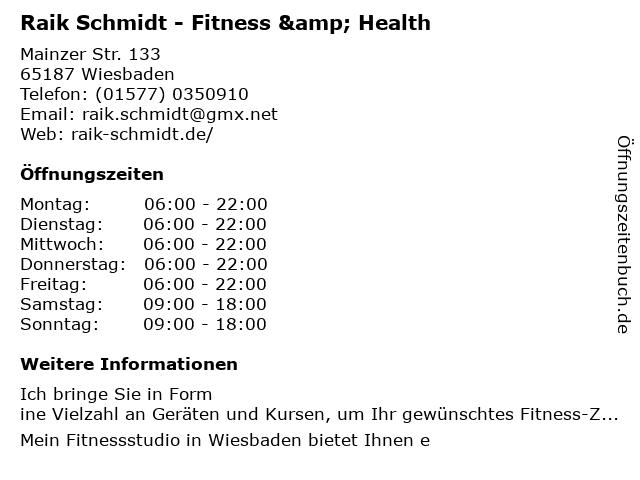 Raik Schmidt - Fitness & Health in Wiesbaden: Adresse und Öffnungszeiten