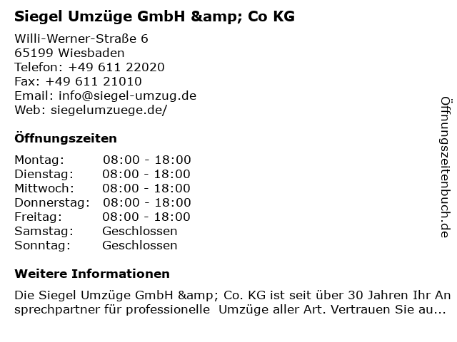 Siegel Umzüge GmbH & Co KG in Wiesbaden: Adresse und Öffnungszeiten