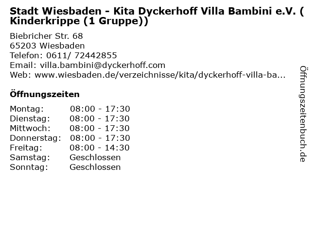 Stadt Wiesbaden - Kita Dyckerhoff Villa Bambini e.V. (Kinderkrippe (1 Gruppe)) in Wiesbaden: Adresse und Öffnungszeiten