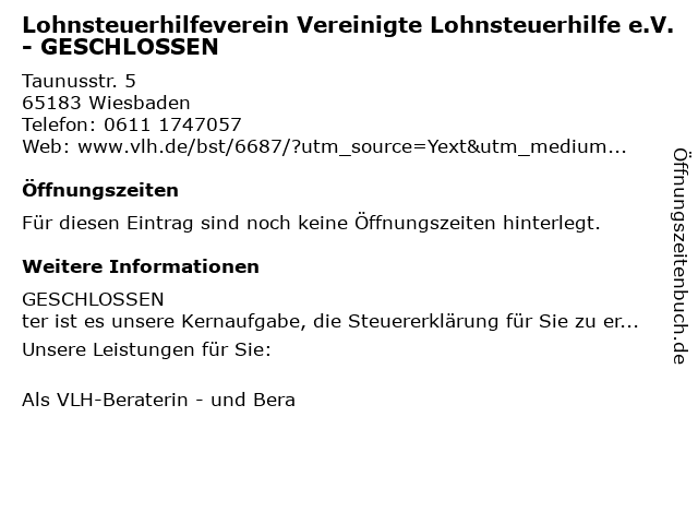 ᐅ Offnungszeiten Vereinigte Lohnsteuerhilfe E V Dieter Vogel Taunusstrasse 5 In Wiesbaden