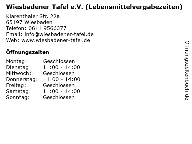 Wiesbadener Tafel e.V. (Lebensmittelvergabezeiten) in Wiesbaden: Adresse und Öffnungszeiten