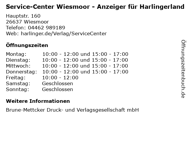 Service-Center Wiesmoor - Anzeiger für Harlingerland in Wiesmoor: Adresse und Öffnungszeiten