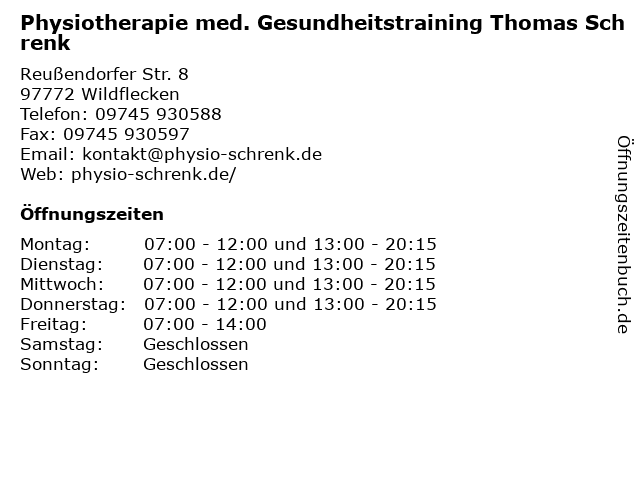 Physiotherapie med. Gesundheitstraining Thomas Schrenk in Wildflecken: Adresse und Öffnungszeiten