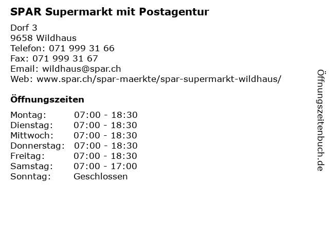 SPAR Supermarkt mit Postagentur in Wildhaus: Adresse und Öffnungszeiten