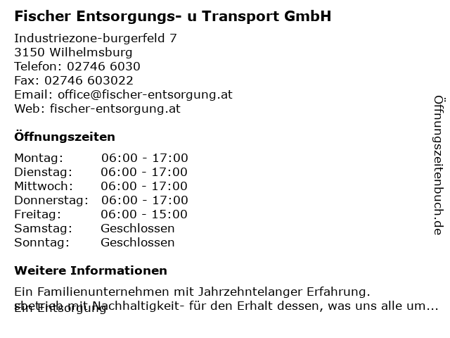 ᐅ Öffnungszeiten „Fischer Entsorgungs- u Transport GmbH“ |  Industriezone-burgerfeld 7 in Wilhelmsburg