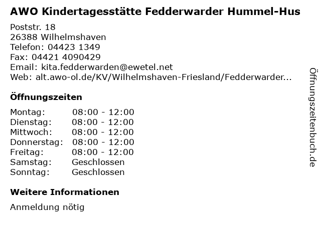 ᐅ Öffnungszeiten „AWO Kindertagesstätte Fedderwarder | Poststr. 18 in Wilhelmshaven