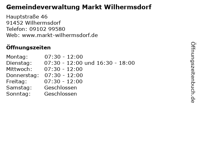 Gemeindeverwaltung Markt Wilhermsdorf in Wilhermsdorf: Adresse und Öffnungszeiten