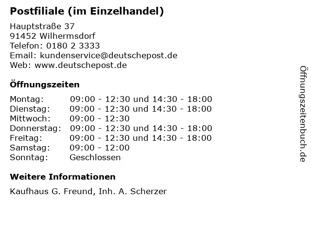 Postfiliale (im Einzelhandel) in Wilhermsdorf: Adresse und Öffnungszeiten