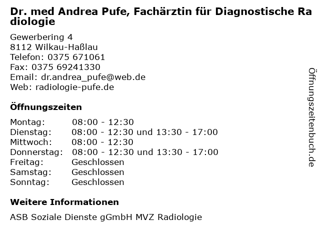 Dr. med Andrea Pufe, Fachärztin für Diagnostische Radiologie in Wilkau-Haßlau: Adresse und Öffnungszeiten