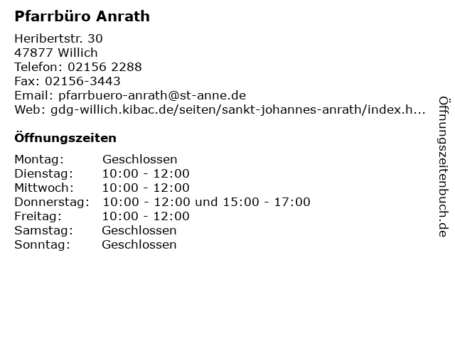 Pfarrbüro Anrath in Willich: Adresse und Öffnungszeiten