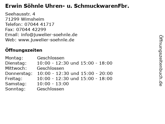 Erwin Söhnle Uhren- u. SchmuckwarenFbr. in Wimsheim: Adresse und Öffnungszeiten