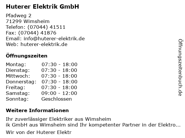 Huterer Elektrik GmbH in Wimsheim: Adresse und Öffnungszeiten