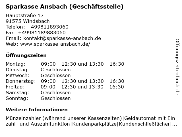Sparkasse Ansbach (Geschäftsstelle) in Windsbach: Adresse und Öffnungszeiten