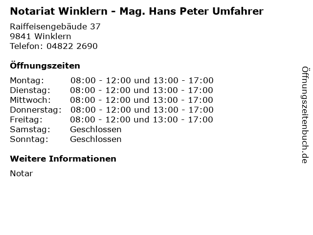 Notariat Winklern - Mag. Hans Peter Umfahrer in Winklern: Adresse und Öffnungszeiten