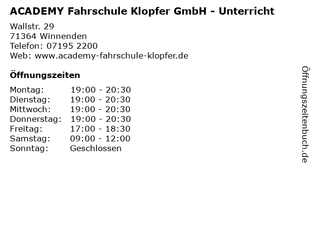 ACADEMY Fahrschule Klopfer GmbH - Unterricht in Winnenden: Adresse und Öffnungszeiten