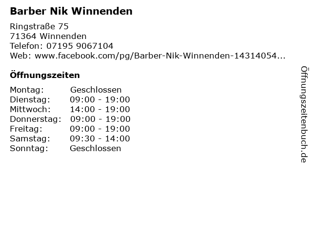 Barber Nik Winnenden in Winnenden: Adresse und Öffnungszeiten