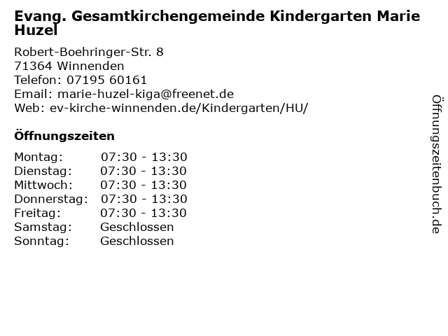 Evang. Gesamtkirchengemeinde Kindergarten Marie Huzel in Winnenden: Adresse und Öffnungszeiten