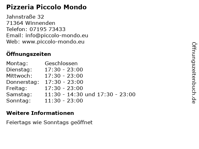 Pizzeria Piccolo Mondo in Winnenden: Adresse und Öffnungszeiten