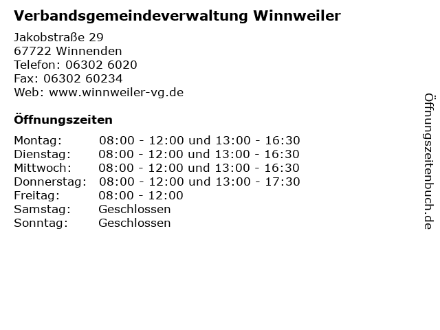 Verbandsgemeindeverwaltung Winnweiler in Winnenden: Adresse und Öffnungszeiten
