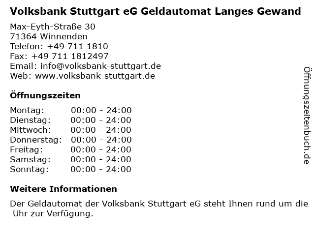 Volksbank Stuttgart eG Geldautomat Langes Gewand in Winnenden: Adresse und Öffnungszeiten