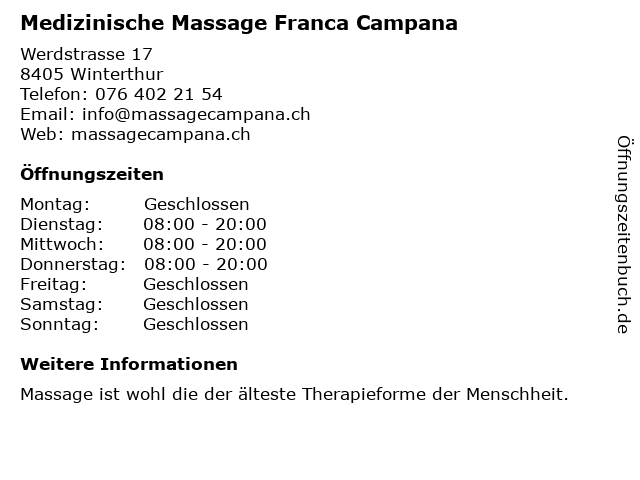 Medizinische Massage Franca Campana in Winterthur: Adresse und Öffnungszeiten