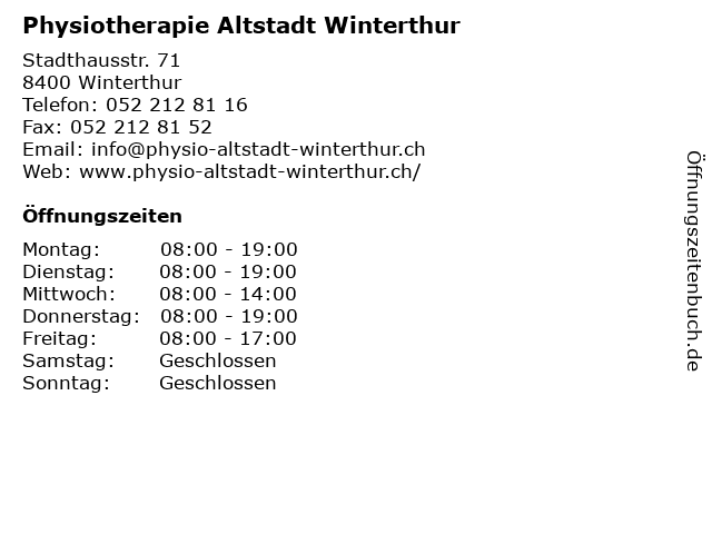 Physiotherapie Altstadt Winterthur in Winterthur: Adresse und Öffnungszeiten