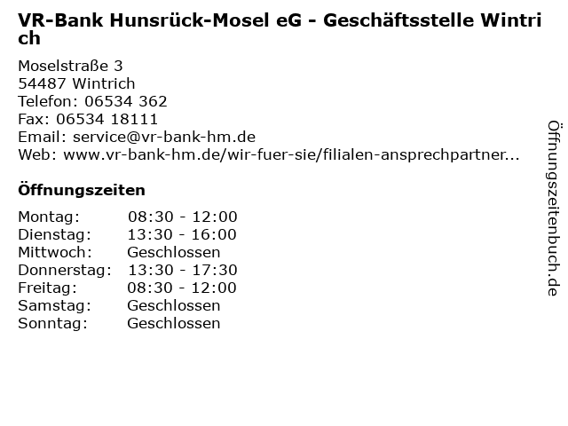ᐅ Offnungszeiten Vr Bank Hunsruck Mosel Eg Geschaftsstelle