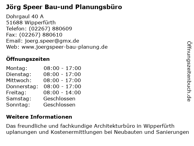 Jörg Speer Bau-und Planungsbüro in Wipperfürth: Adresse und Öffnungszeiten