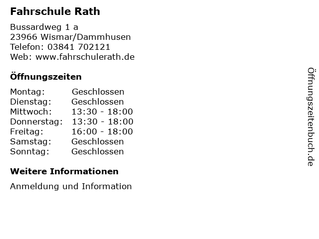 Fahrschule Rath in Wismar/Dammhusen: Adresse und Öffnungszeiten