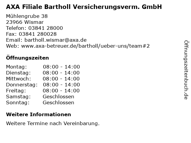 AXA Filiale Bartholl Versicherungsverm. GmbH in Wismar: Adresse und Öffnungszeiten