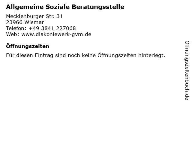 Allgemeine Soziale Beratungsstelle in Wismar: Adresse und Öffnungszeiten
