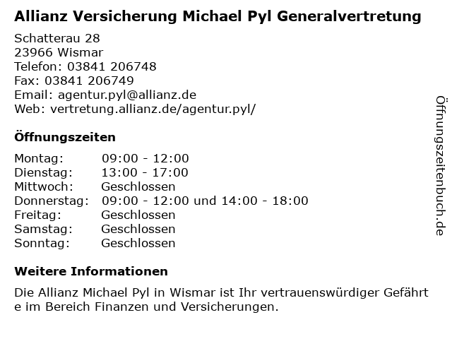 Allianz Versicherung Michael Pyl Generalvertretung in Wismar: Adresse und Öffnungszeiten