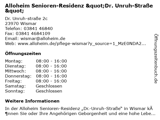 Alloheim Senioren-Residenz "Dr. Unruh-Straße" in Wismar: Adresse und Öffnungszeiten