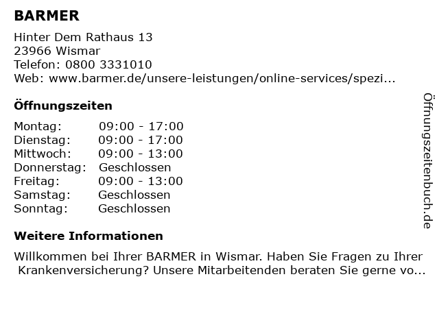 BARMER in Wismar: Adresse und Öffnungszeiten