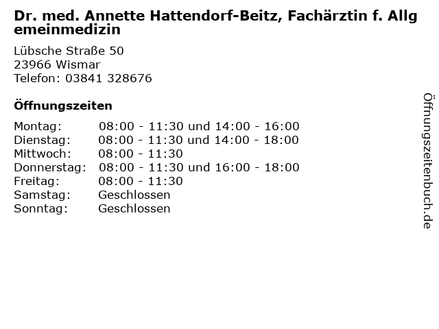 Dr. med. Annette Hattendorf-Beitz, Fachärztin f. Allgemeinmedizin in Wismar: Adresse und Öffnungszeiten