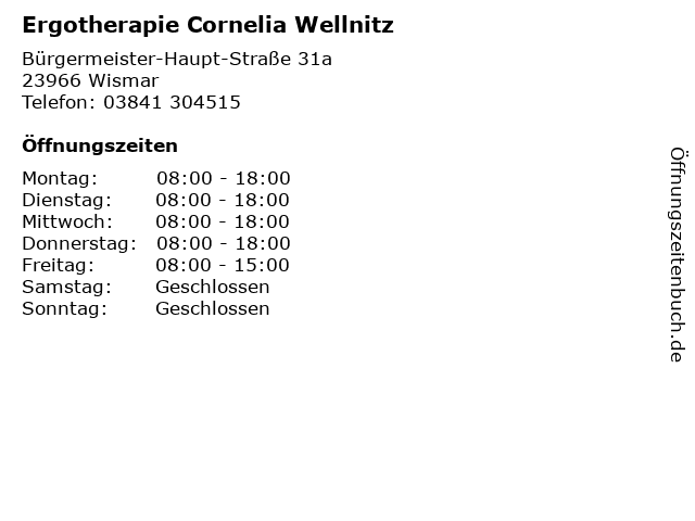 Ergotherapie Cornelia Wellnitz in Wismar: Adresse und Öffnungszeiten