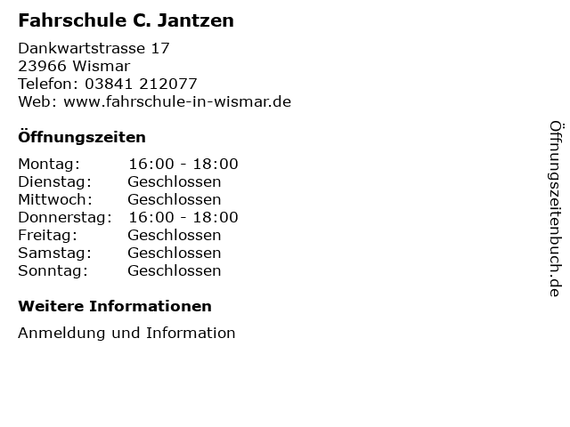 Fahrschule C. Jantzen in Wismar: Adresse und Öffnungszeiten