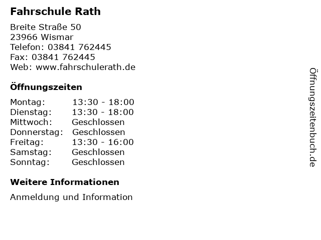 Fahrschule Rath in Wismar: Adresse und Öffnungszeiten